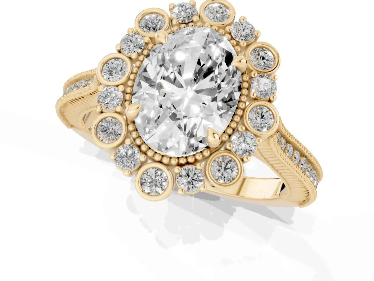 Oval Cut Halo Milgrain Pave Diamond Ring with Four-Prong Setting Yellow gold