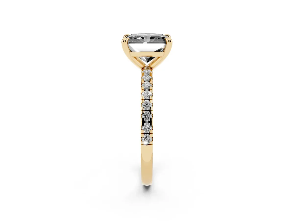 Fancy Black Radiant Cut Diamond Brilliant Solitaire Ring with Pavé Band and Four-Prong Setting Yellow gold