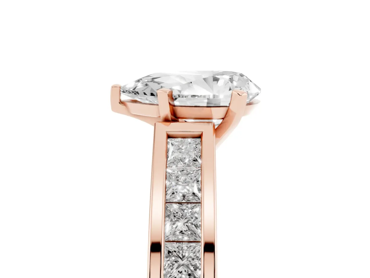 Pear Cut Solitaire Diamond Ring with Channel-Set Band and Four-Prong Setting Rose gold