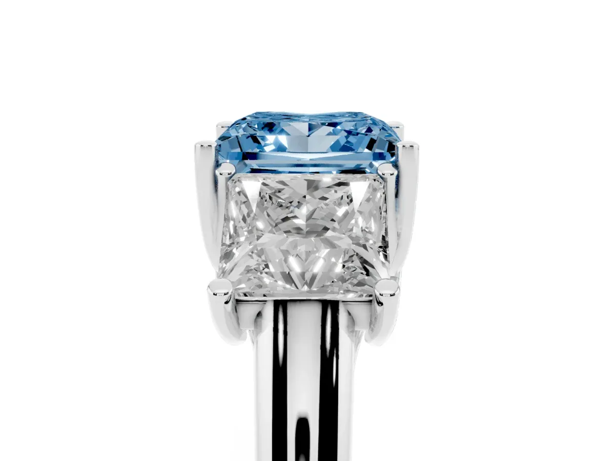 Fancy Blue Three-Stone Princess Cut Diamond Engagement Ring with Prong Setting White gold