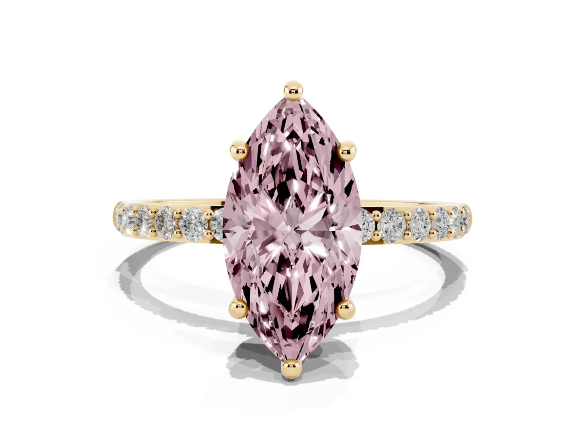 Fancy Pink Marquise Cut Diamond Solitaire Ring with Round Pavé Band and Prong Setting Yellow gold
