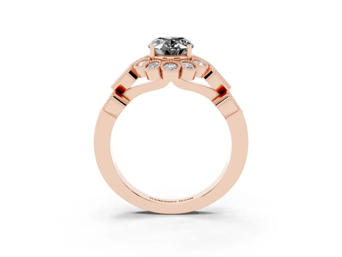 Fancy Black Oval Cut Brilliant Milgrain Pave Heart Band Solitaire Ring Rose gold
