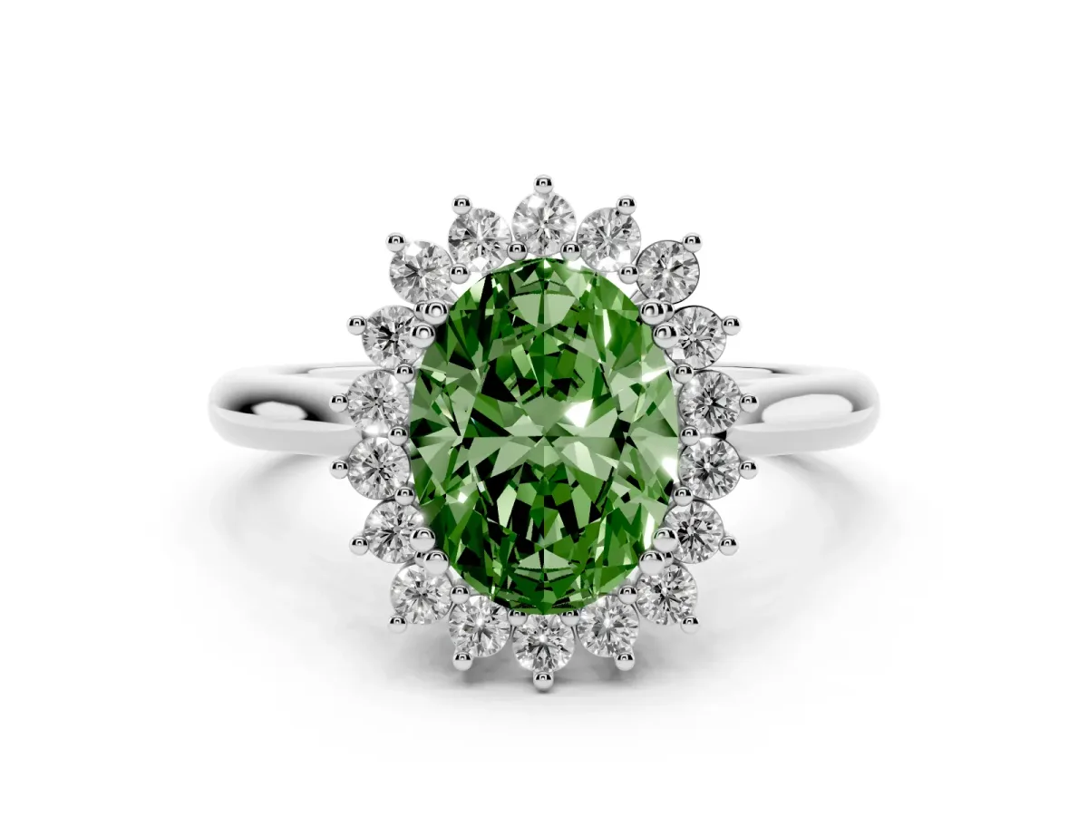 Fancy Green Oval Cut Cut Diamond Halo Ring with Solitaire Band and Prong Setting Platinum