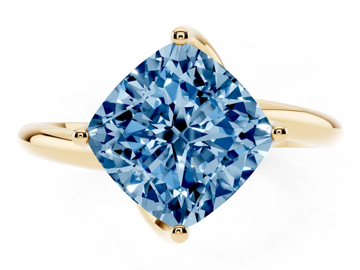 Fancy Blue Cushion Cut Diamond Solitaire Engagement Ring with Four-Prong Setting and Classic Band Yellow gold