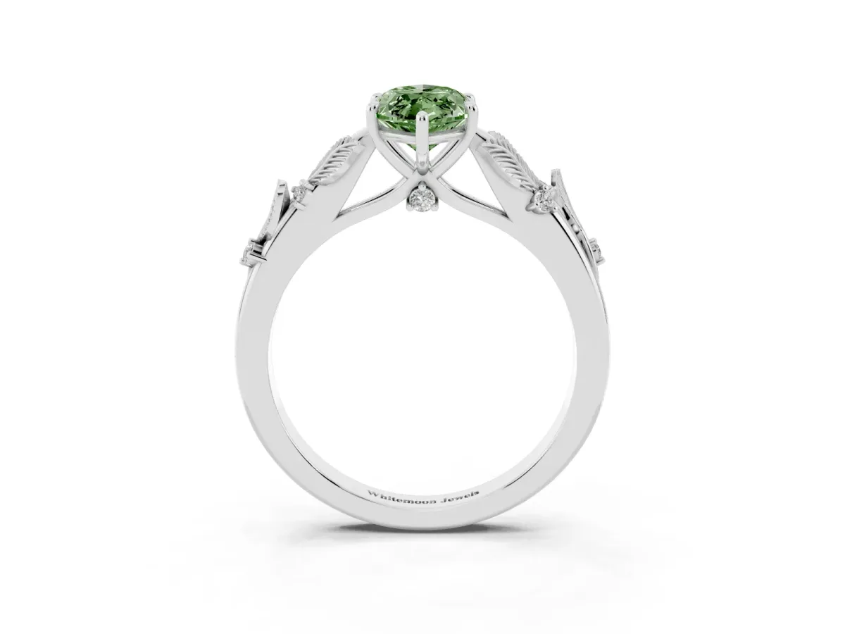 Fancy Green Marquise Cut Diamond Solitaire Ring with Leaf Motif Band and Four-Prong Setting Silver