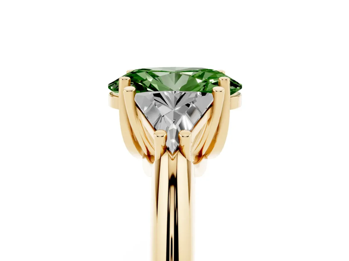 Fancy Green Three-Stone Oval Cut Diamond Engagement Ring with Trillion Side Stones and Prong Setting Yellow gold