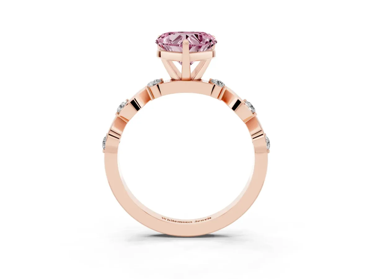 Fancy Pink Heart Cut Diamond Solitaire Twisted Band with Round Accents and Prong Setting Rose gold