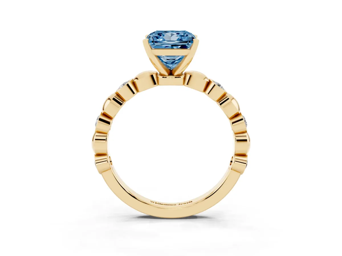 Fancy Blue Princess Cut Solitaire Bezel-Set Diamond Ring with Beaded Band and Four-Prong Setting Yellow gold