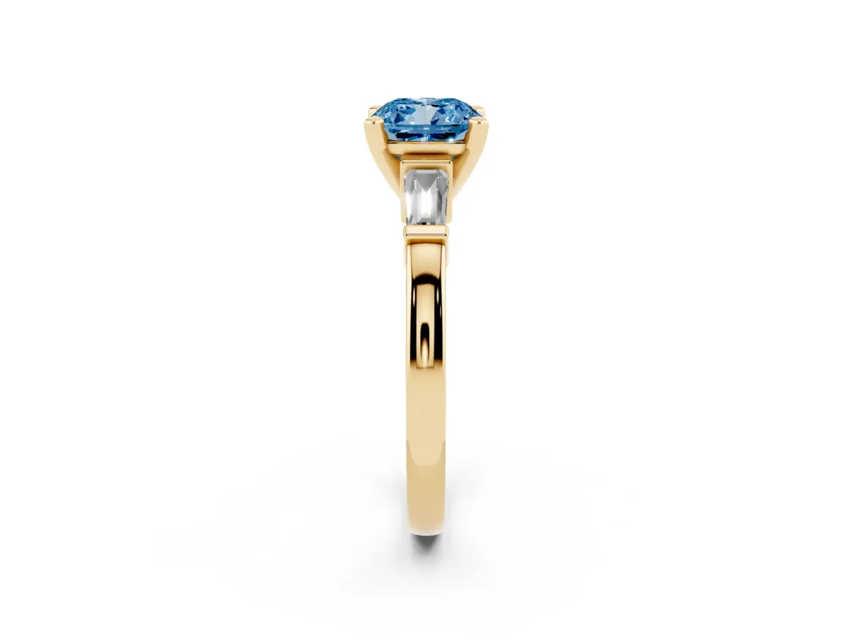 Fancy Blue Cushion Cut Cut Diamond Solitaire Ring with Tapered Baguette Accents and Four-Prong Setting Yellow gold