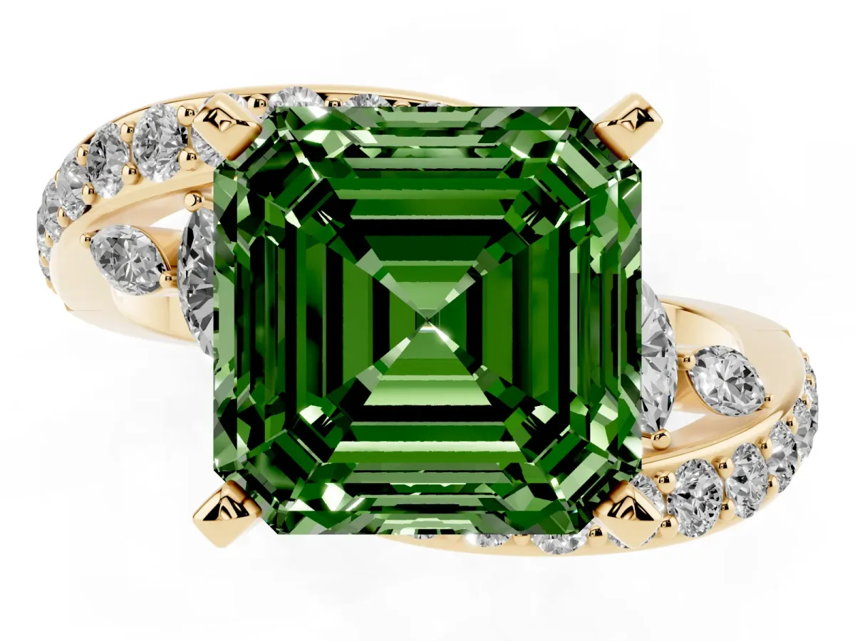 Fancy Green Asscher Cut Solitaire with Pavé Twist Band and Four-Prong Setting Yellow gold