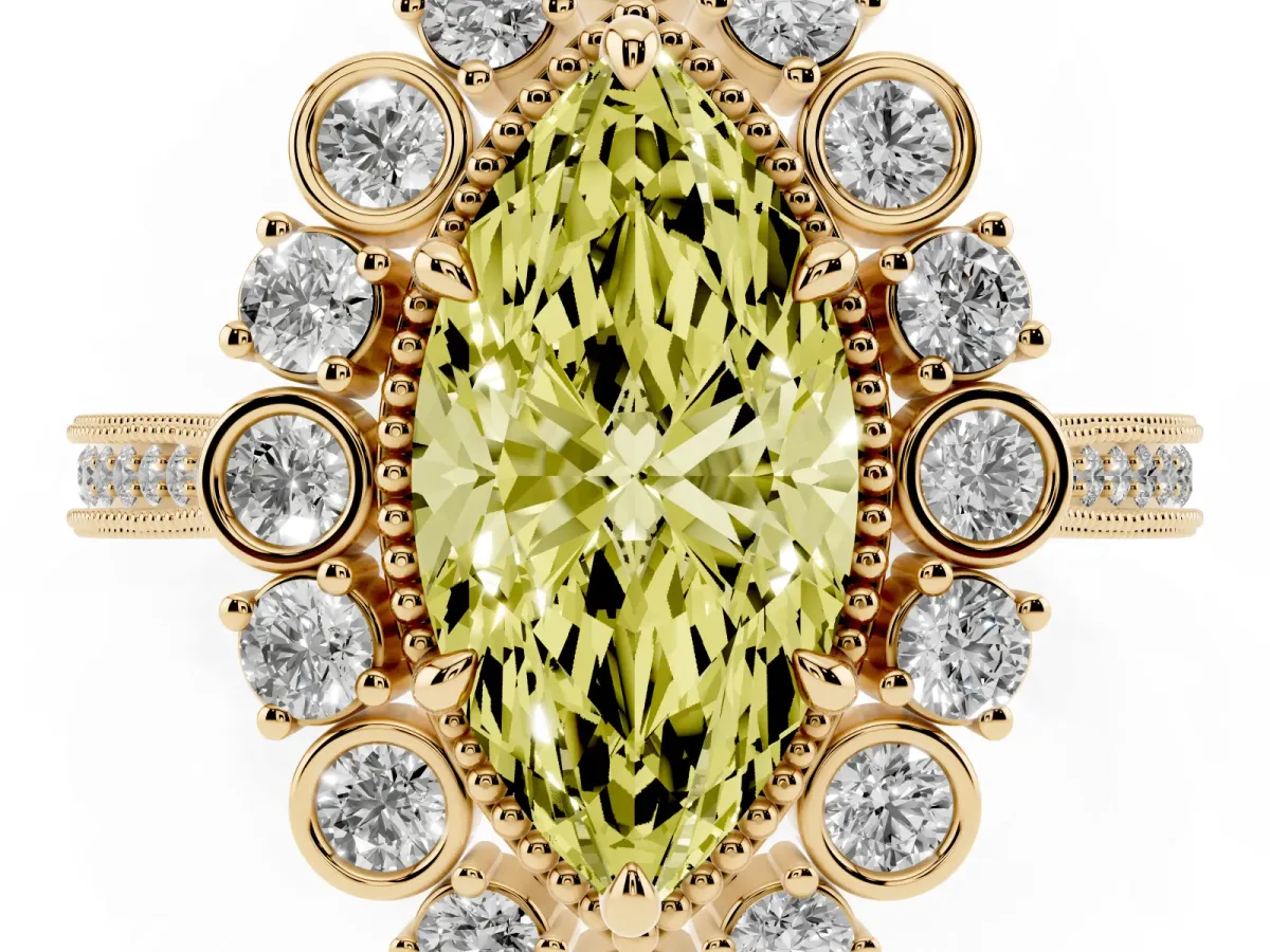 Fancy Yellow Marquise Cut Halo Milgrain Pave Diamond Ring with Four-Prong Setting Yellow gold