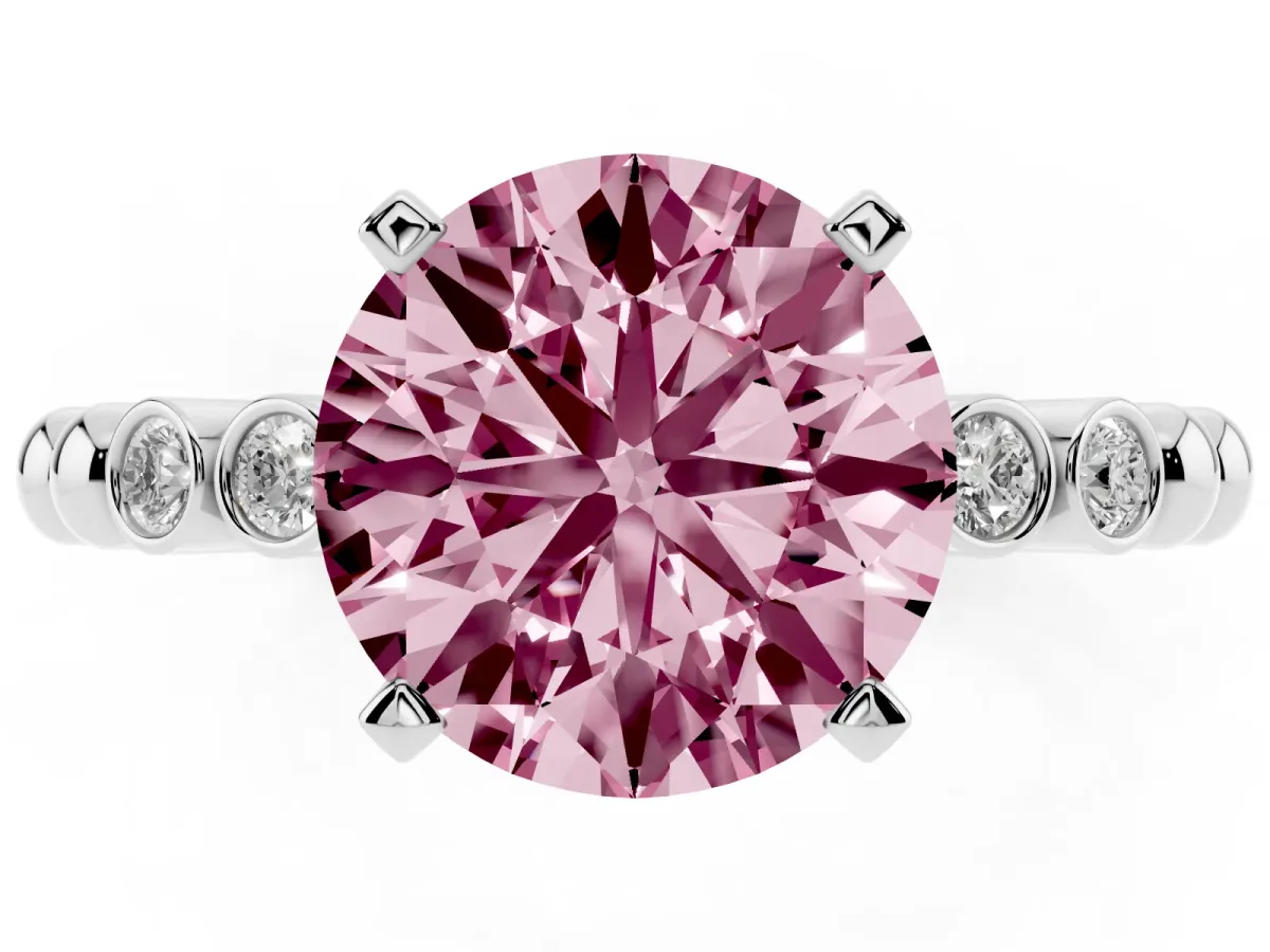 Fancy Pink Round Cut Solitaire Bezel Accent Diamond Engagement Ring with Beaded Band and Four-Prong Setting Platinum