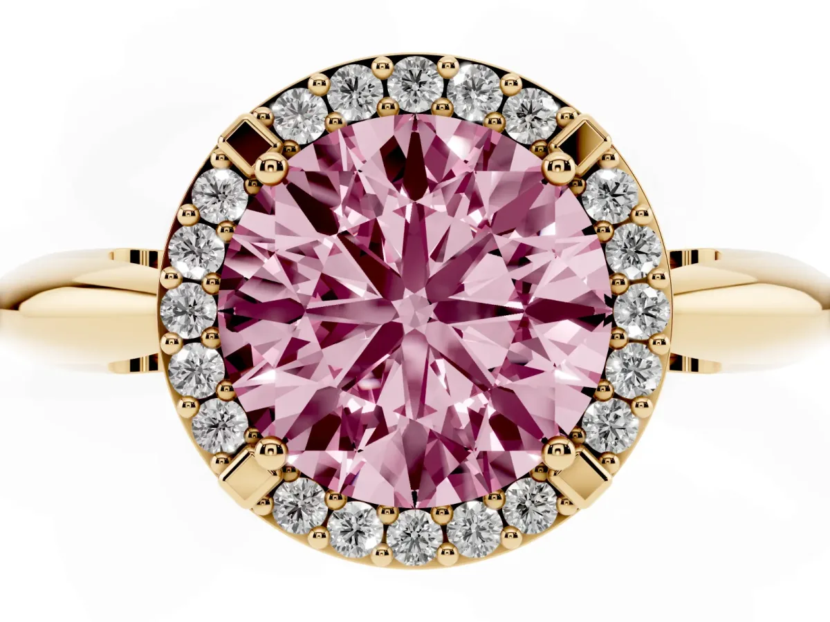 Fancy Pink Round Cut Cut Diamond Halo Engagement Ring with Split Shank and Four-Prong Setting Yellow gold