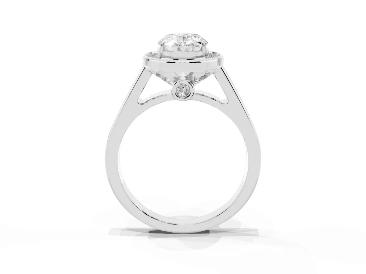 Oval Cut Halo Solitaire Diamond Ring with Pave Band and Bezel Setting Silver