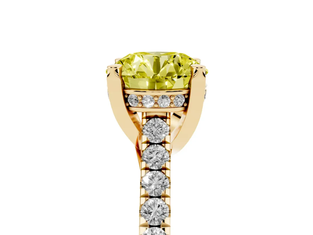 Fancy Yellow Round Cut Brilliant Diamond Solitaire with Pavé Band and Four-Prong Setting Yellow gold