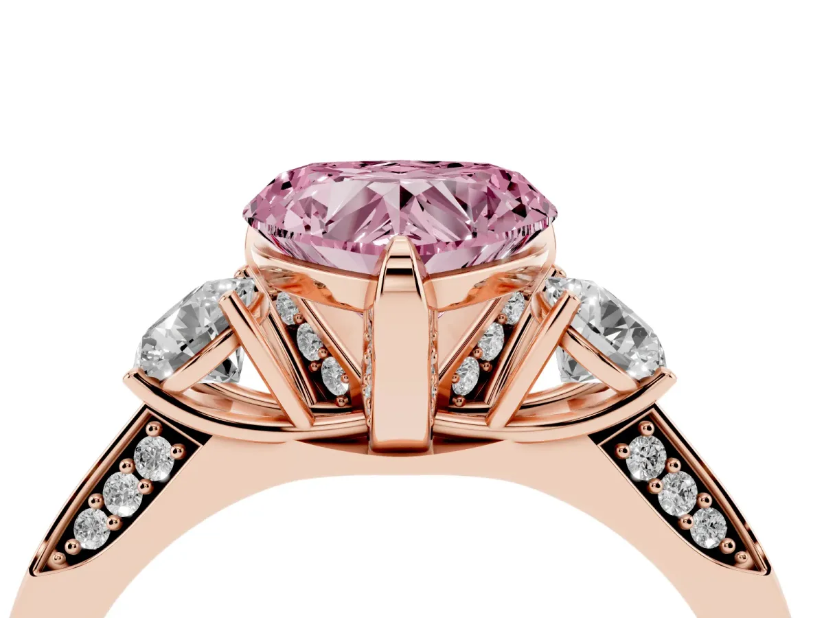 Fancy Pink Heart Cut Brilliant Three-Stone Diamond Ring with Pavé Band and Four-Prong Setting Rose gold