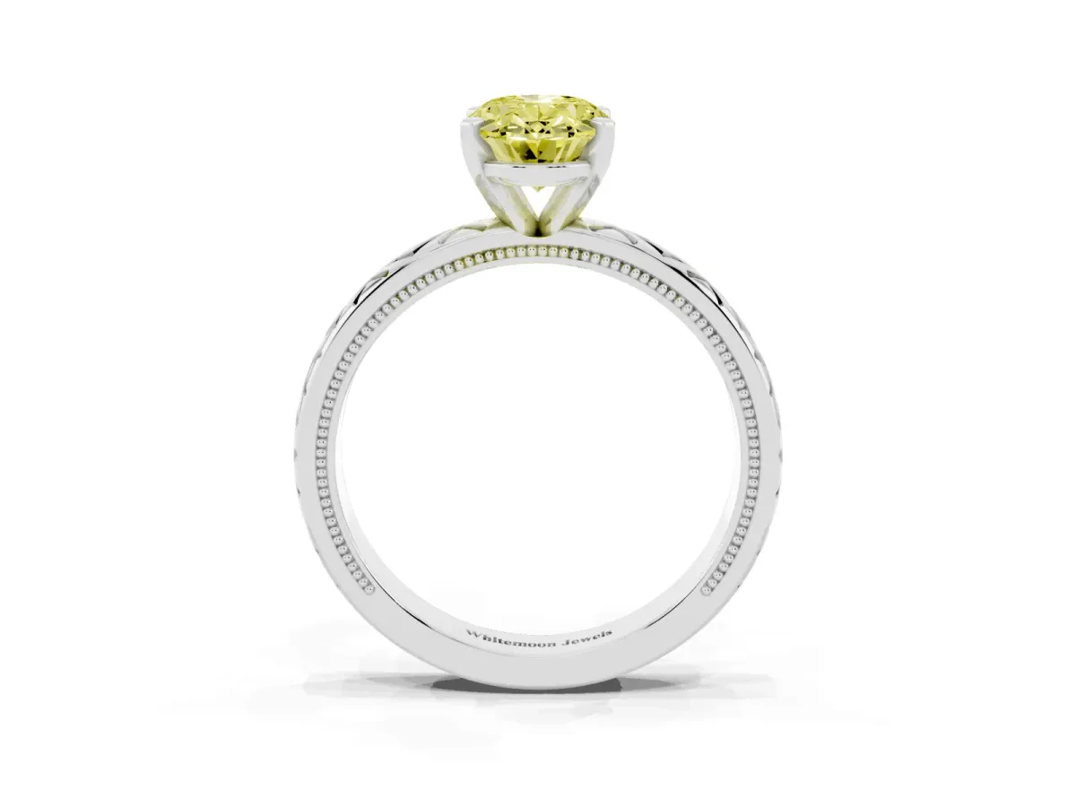 Fancy Yellow Oval Cut Solitaire Diamond Ring with Milgrain and Black Enamel X Pattern Band Silver