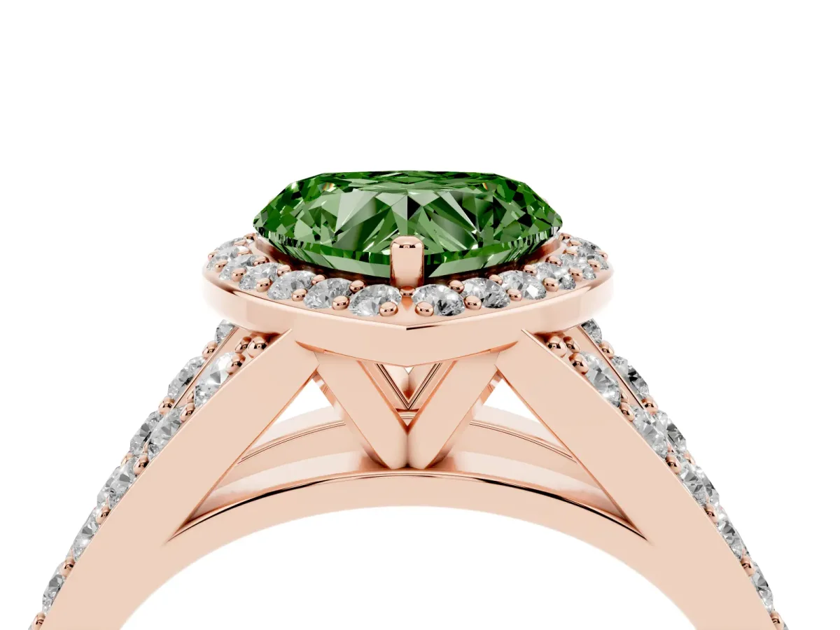 Fancy Green Heart Cut Diamond Split Shank Halo Ring with Four-Prong Setting Rose gold