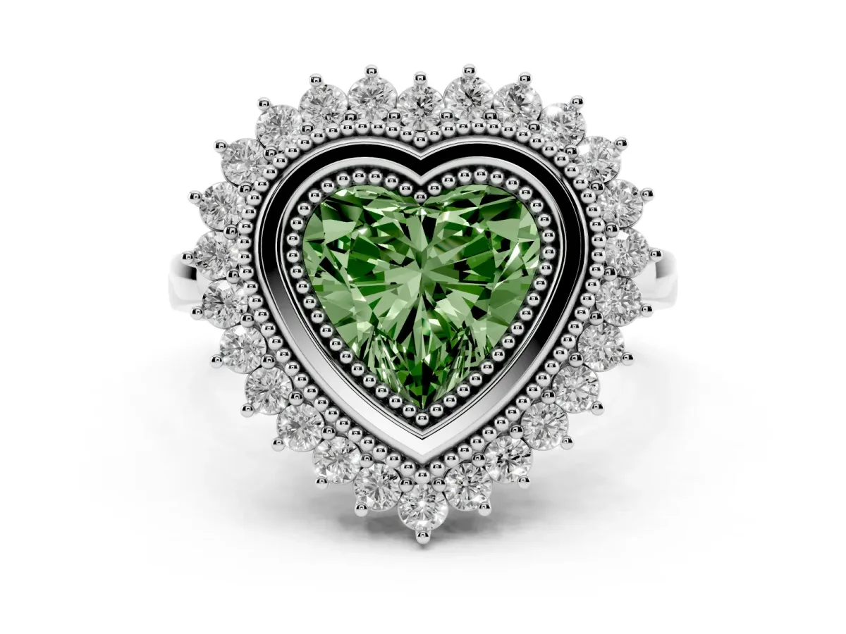 Fancy Green Heart Cut Halo Diamond Ring with Milgrain Edge and Round Prong Setting Silver