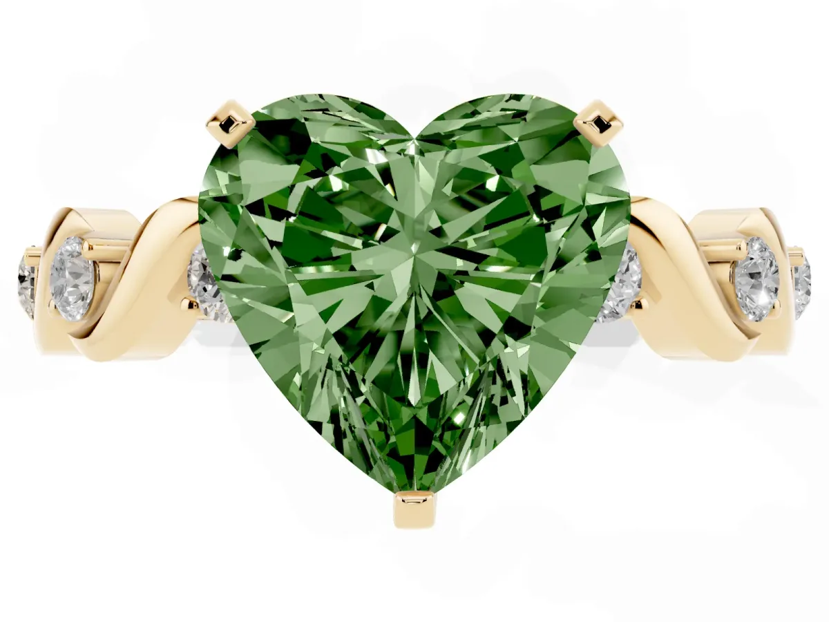 Fancy Green Heart Cut Diamond Solitaire Twisted Band with Round Accents and Prong Setting Yellow gold
