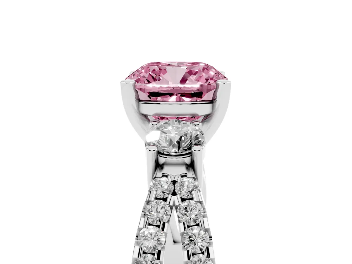 Fancy Pink Cushion Cut Diamond Three-Stone Ring with Pavé Split Shank and Four-Prong Setting Silver