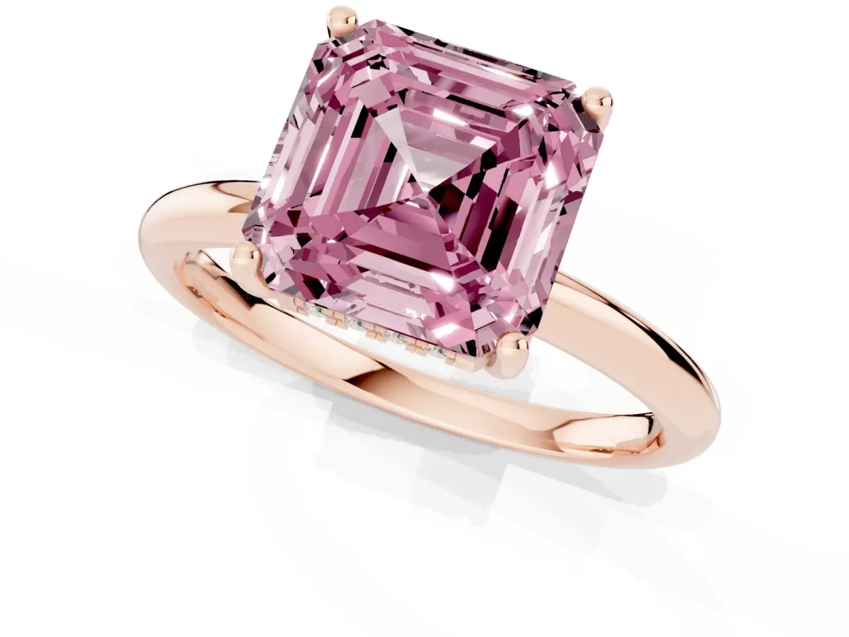 Fancy Pink Asscher Cut Cut Solitaire Engagement Ring with Four-Prong Setting and Classic Band Rose gold