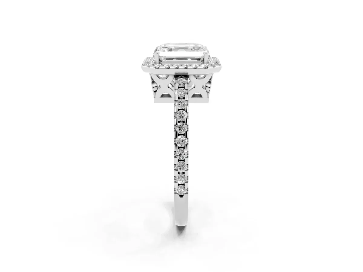 Asscher Cut Diamond Halo Engagement Ring with Pavé Band and Prong Setting Silver