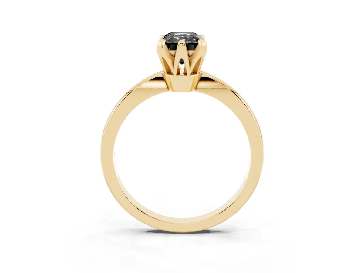 Fancy Black Emerald Cut Solitaire Engagement Ring with Six-Prong Setting and Tapered Band Yellow gold