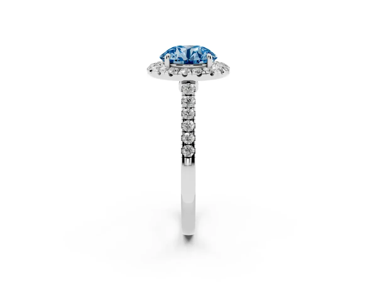 Fancy Blue Round Cut Halo Pave Diamond Engagement Ring with Four-Prong Setting Silver