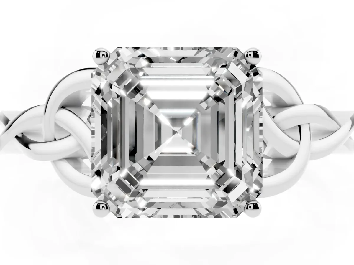 Asscher Cut Diamond Solitaire Engagement Ring with Celtic Knot Band and Four-Prong Setting Platinum