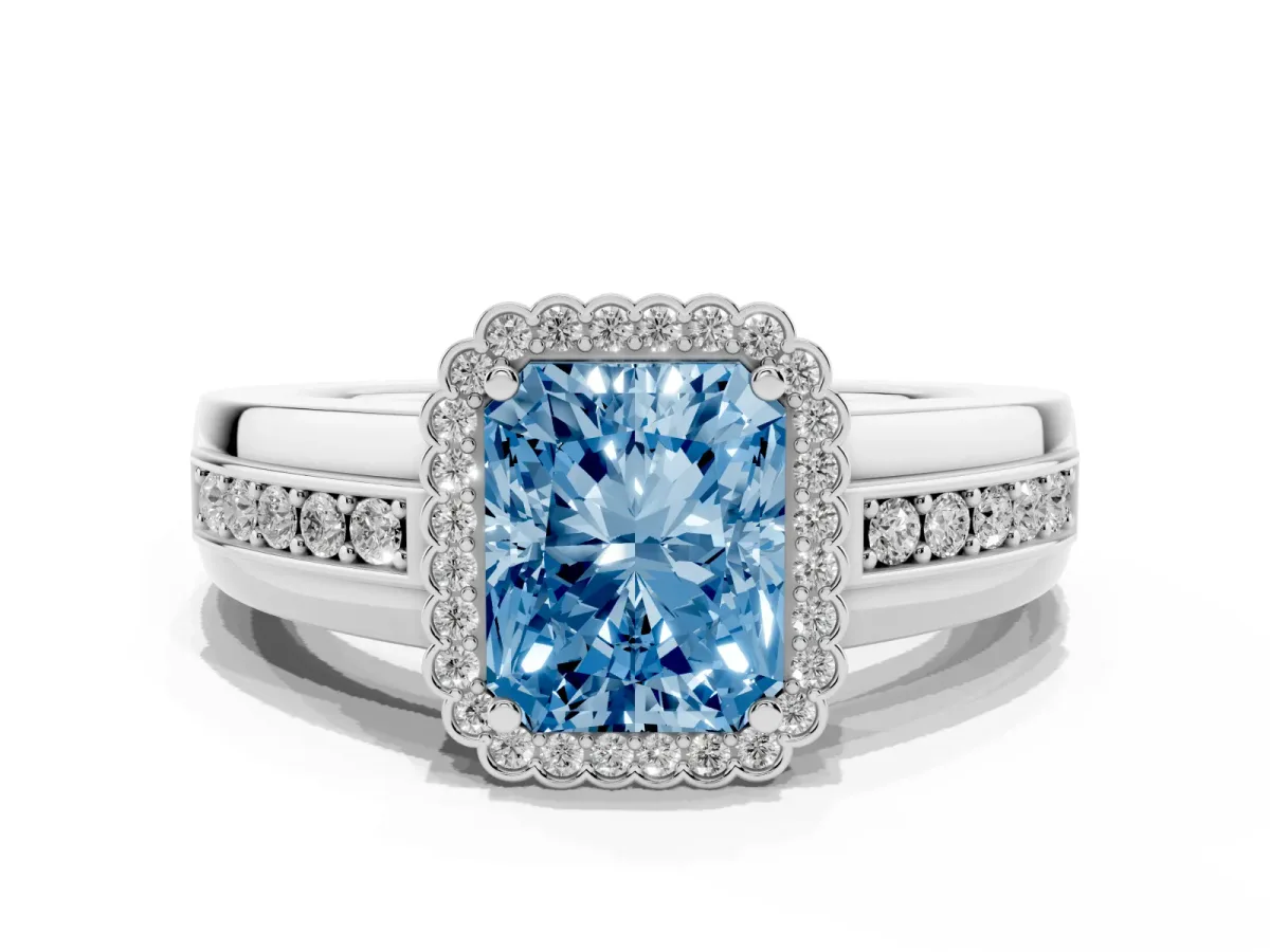 Fancy Blue Radiant Cut Cut Halo Pave Band Four-Prong Ring Silver