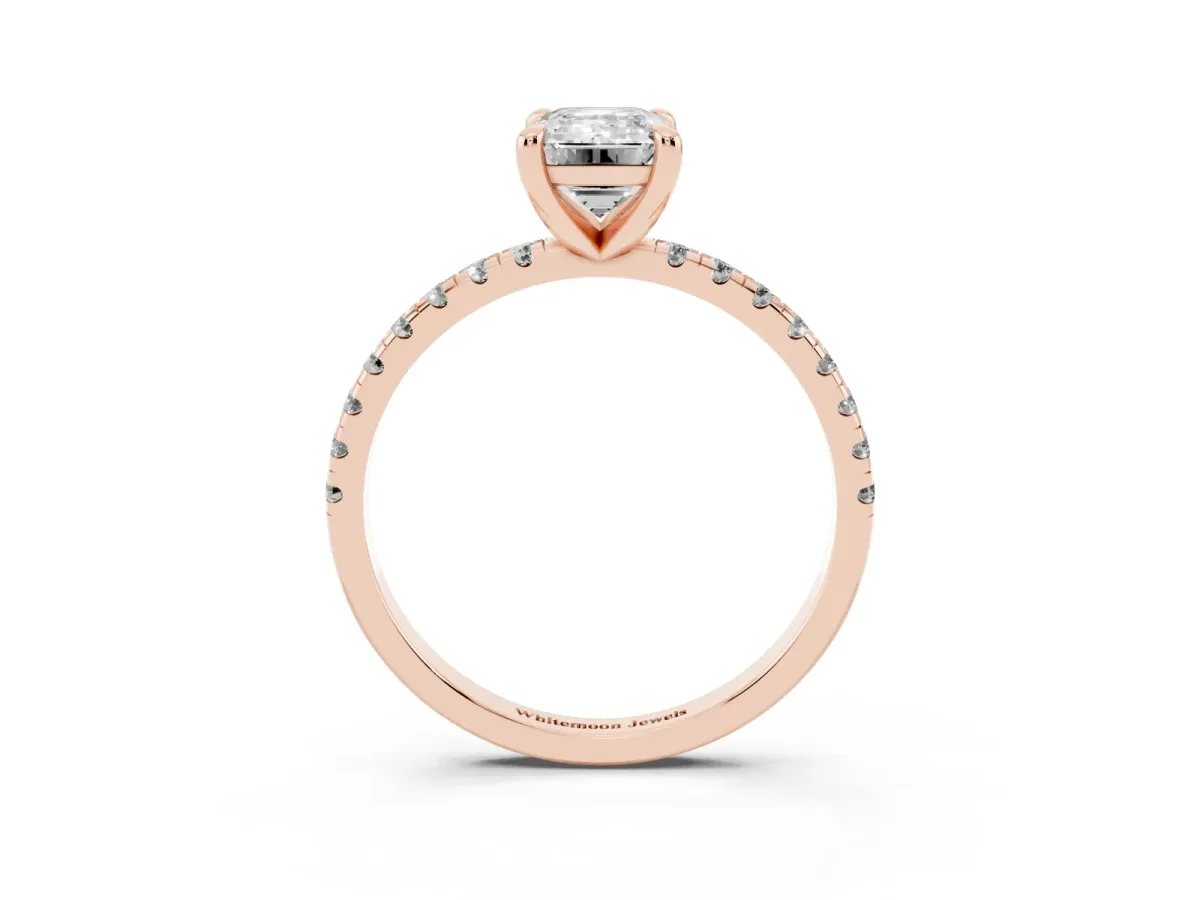 Emerald Cut Diamond Brilliant Solitaire Ring with Pavé Band and Four-Prong Setting Rose gold