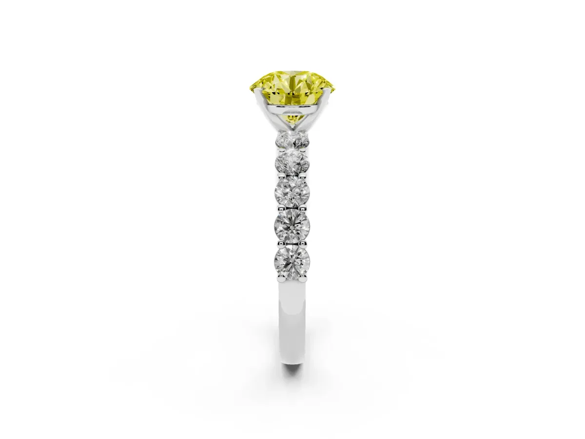 Fancy Yellow Round Cut Diamond Solitaire Ring with Shared Prong Round Side Stones Silver