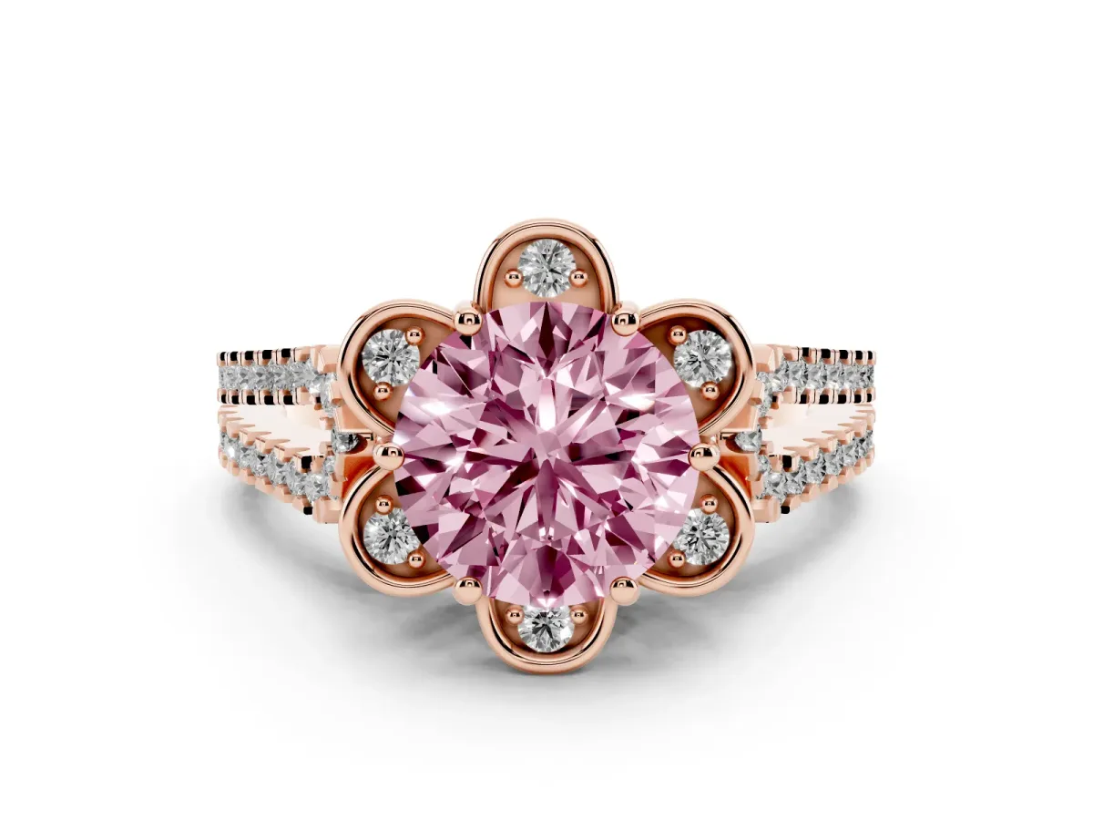Fancy Pink Round Cut Halo Diamond Floral Split Shank Engagement Ring Rose gold