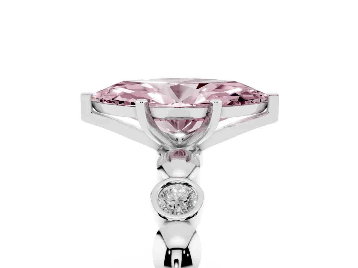 Fancy Pink Marquise Cut Solitaire Bezel-Set Diamond Ring with Beaded Band and Four-Prong Setting Silver