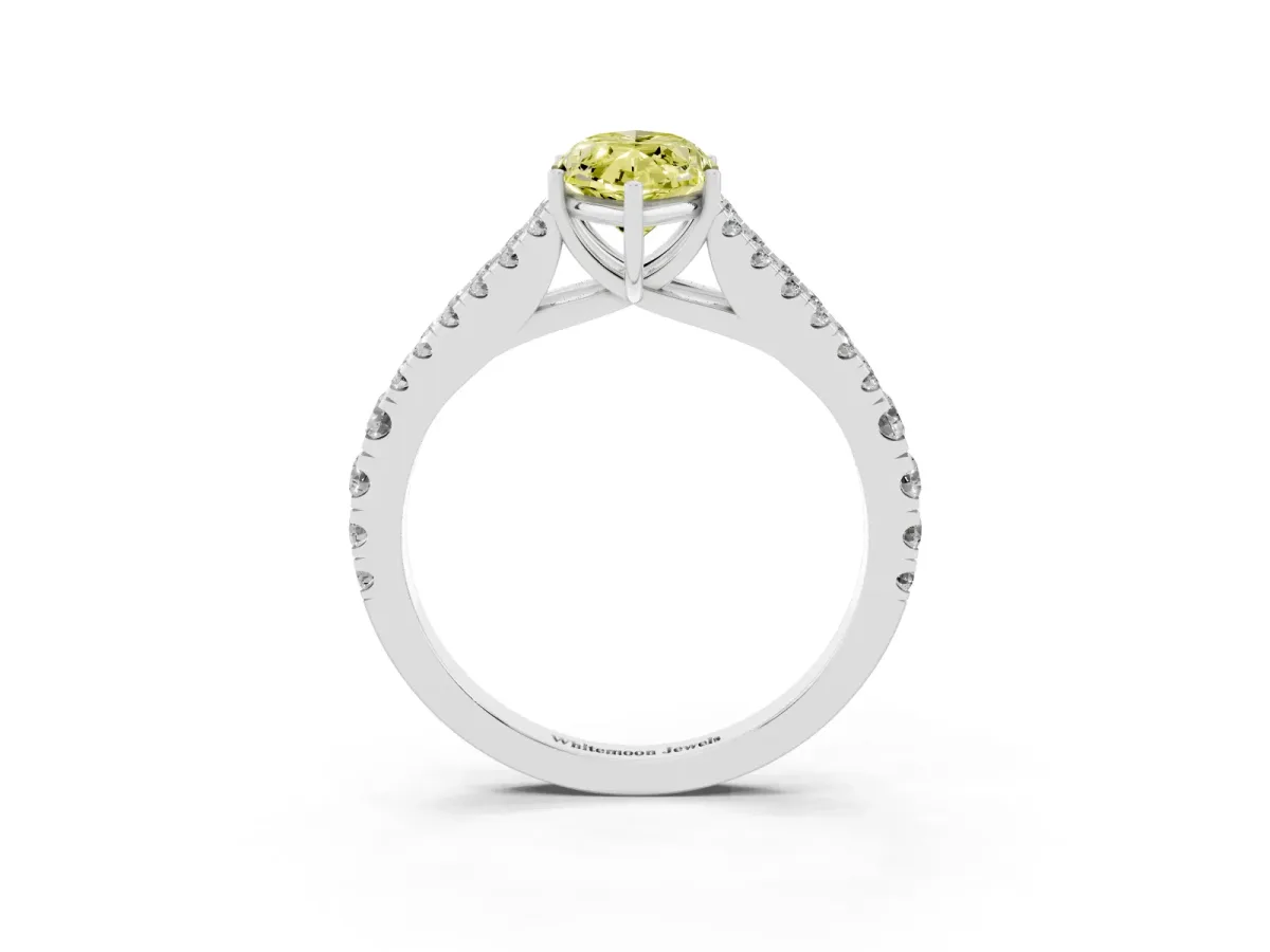 Fancy Yellow Marquise Cut Diamond Split Shank Engagement Ring with Round Pavé and Prong Setting Silver