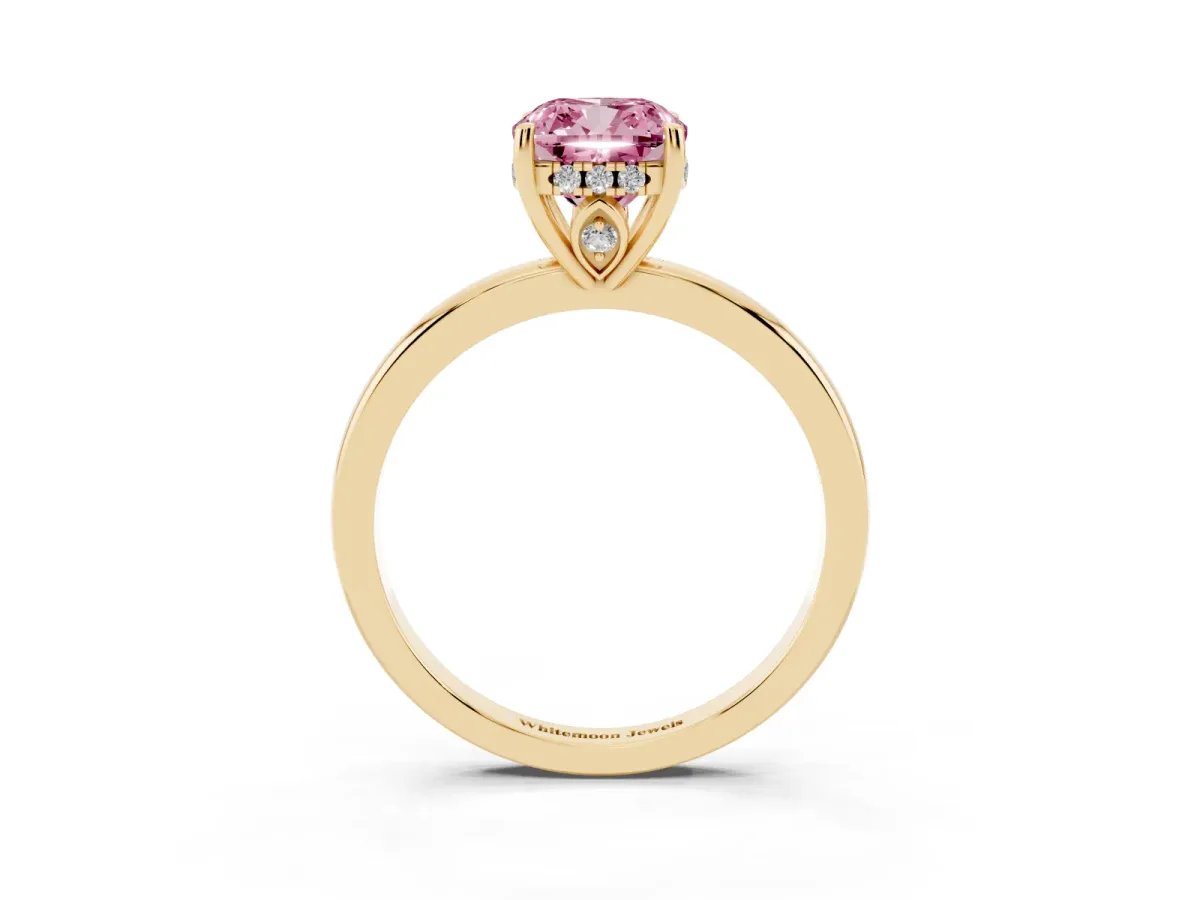 Fancy Pink Cushion Cut Solitaire Diamond Ring with Prong Setting and Plain Band Yellow gold