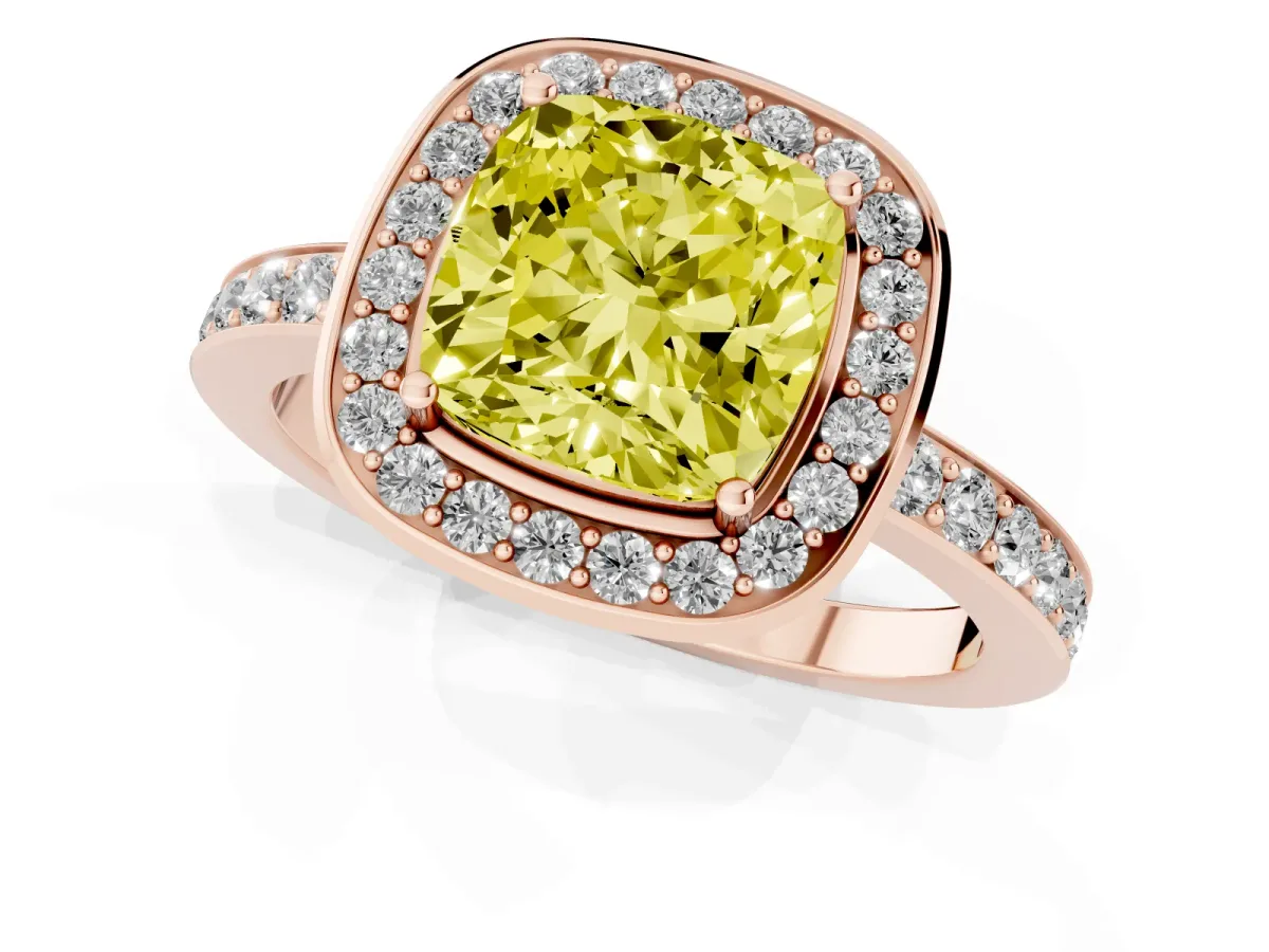Fancy Yellow Cushion Cut Diamond Halo Ring with Bezel Frame and Pavé Band Rose gold