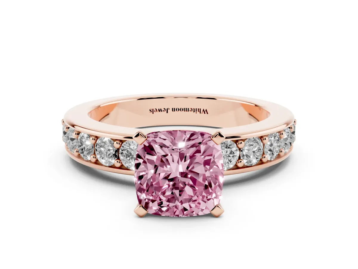 Fancy Pink Cushion Cut Diamond Engagement Ring with Channel Set Round Band and Prong Setting Rose gold