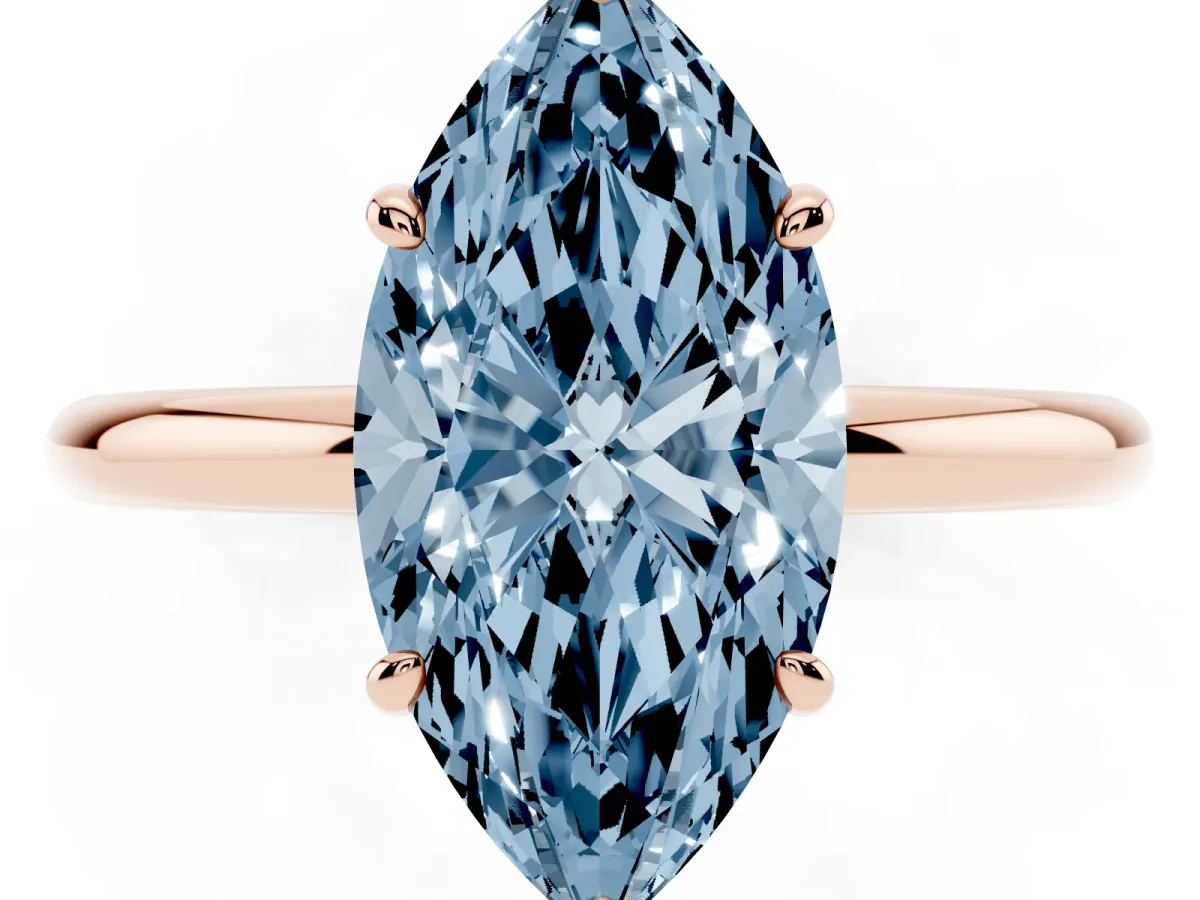 Fancy Blue Marquise Cut Solitaire Diamond Ring with Four-Prong Setting on a Plain Band Rose gold