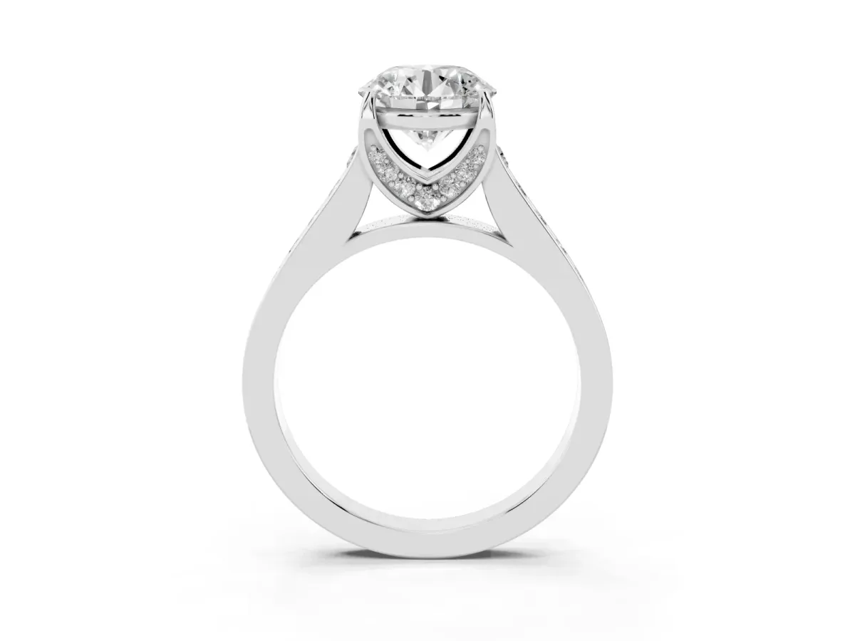 Round Cut Brilliant Cut Diamond Engagement Ring with Pavé Band and Four-Prong Setting Platinum