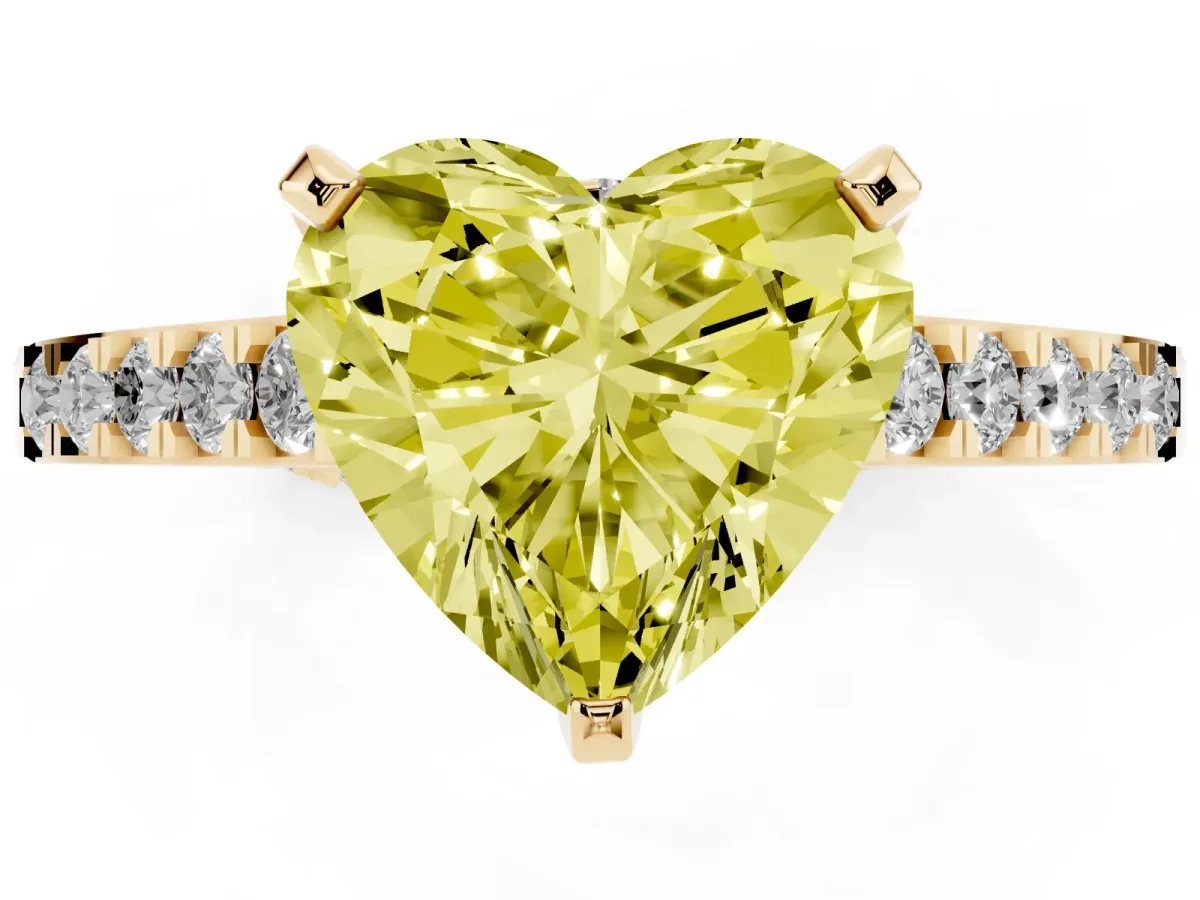 Fancy Yellow Heart Cut Diamond Solitaire Ring with Crossover Gallery and Round Pavé Band Yellow gold