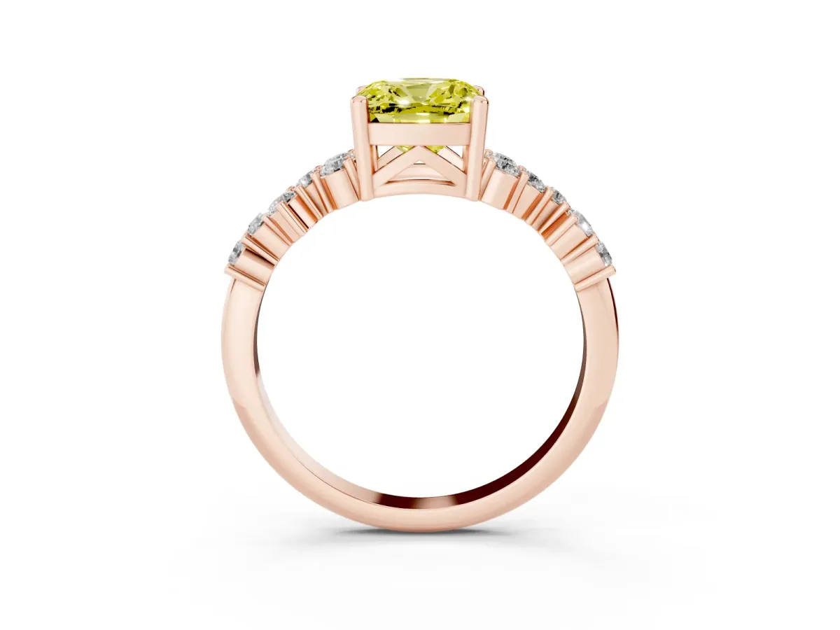 Fancy Yellow Cushion Cut Diamond Scattered Round Accent Ring with Prong Setting Rose gold