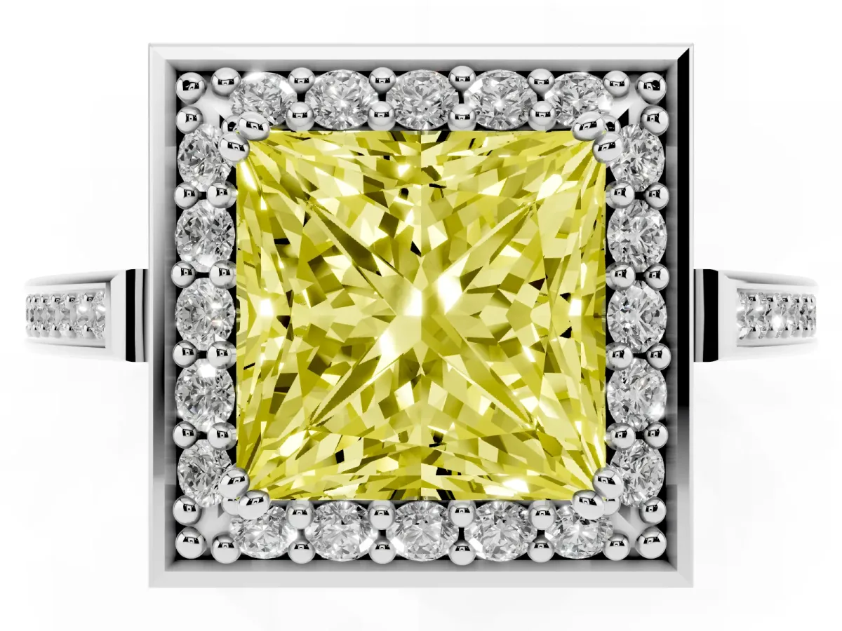 Fancy Yellow Princess Cut Diamond Halo Ring with Split Shank and Four-Prong Setting Silver
