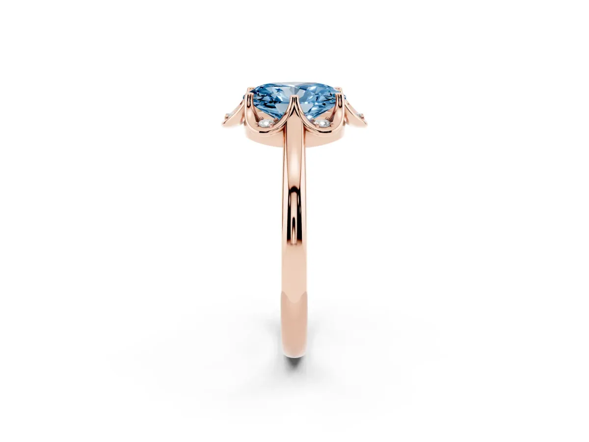 Fancy Blue Oval Cut Halo Diamond Ring with Round Cluster Setting, Solitaire Band, and Four-Prong Setting Rose gold
