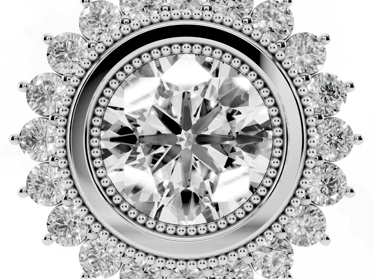 Round Cut Halo Diamond Ring with Milgrain Edge and Round Prong Setting Silver