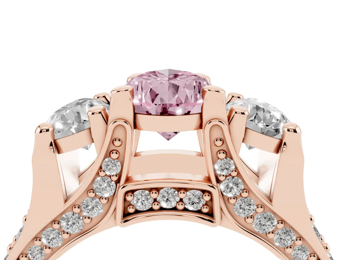 Fancy Pink Pear Cut Diamond Three-Stone Ring with Channel Set Band and Four-Prong Setting Rose gold