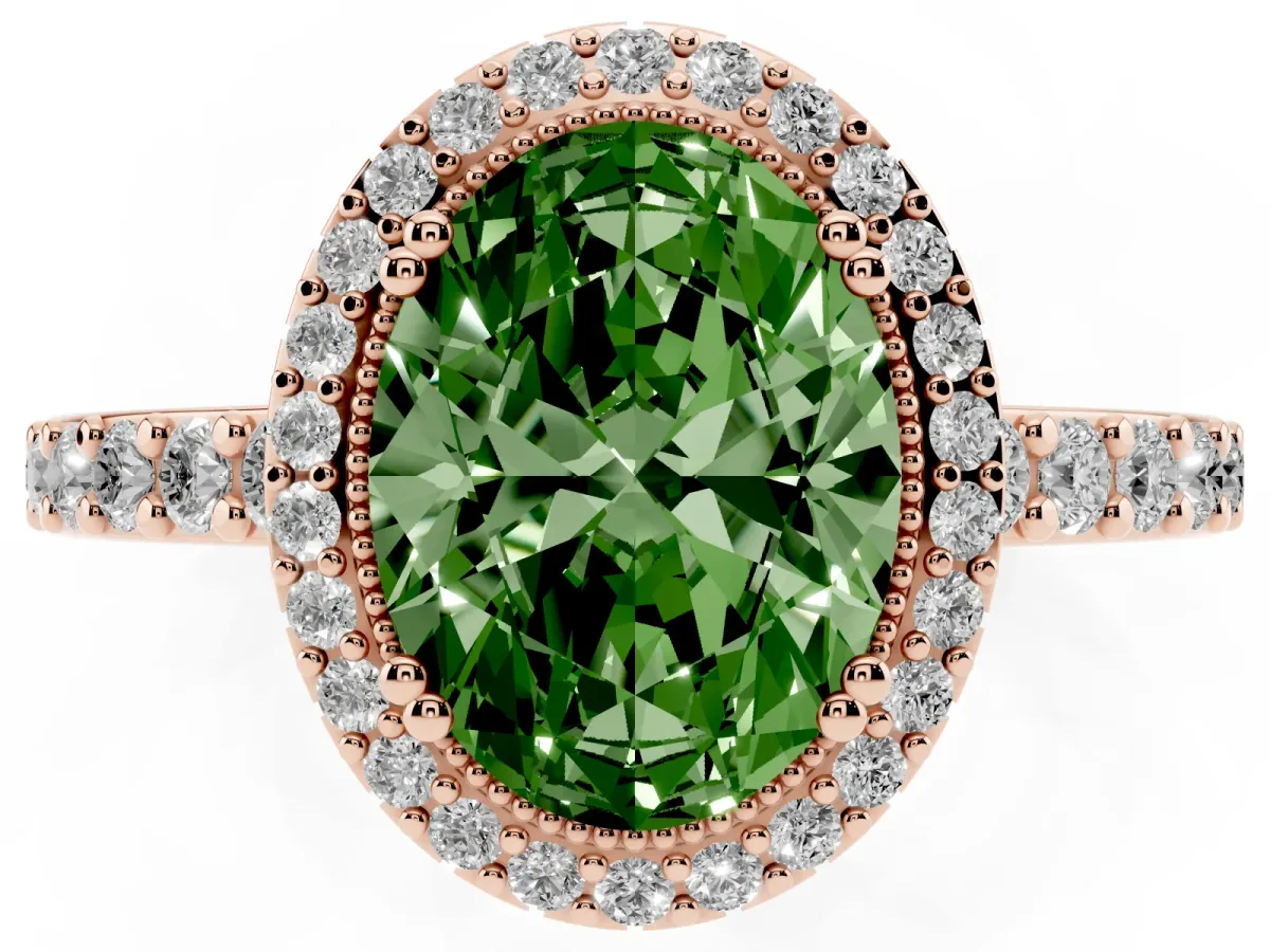 Fancy Green Oval Cut Cut Diamond Halo Engagement Ring with Milgrain Detail and Pavé Band Rose gold