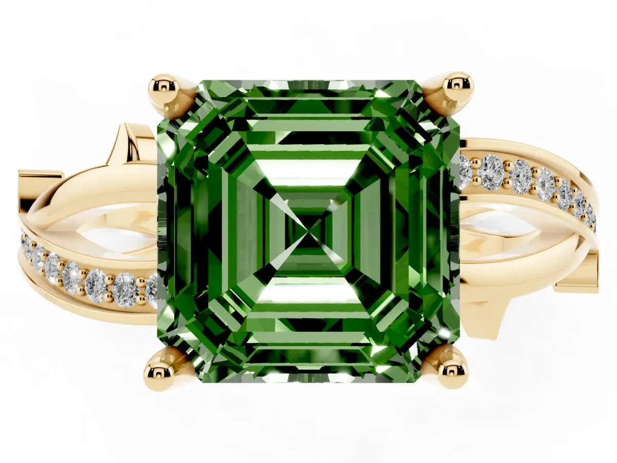 Fancy Green Asscher Cut Solitaire Twist Band with Pavé Accents and Four-Prong Setting Yellow gold