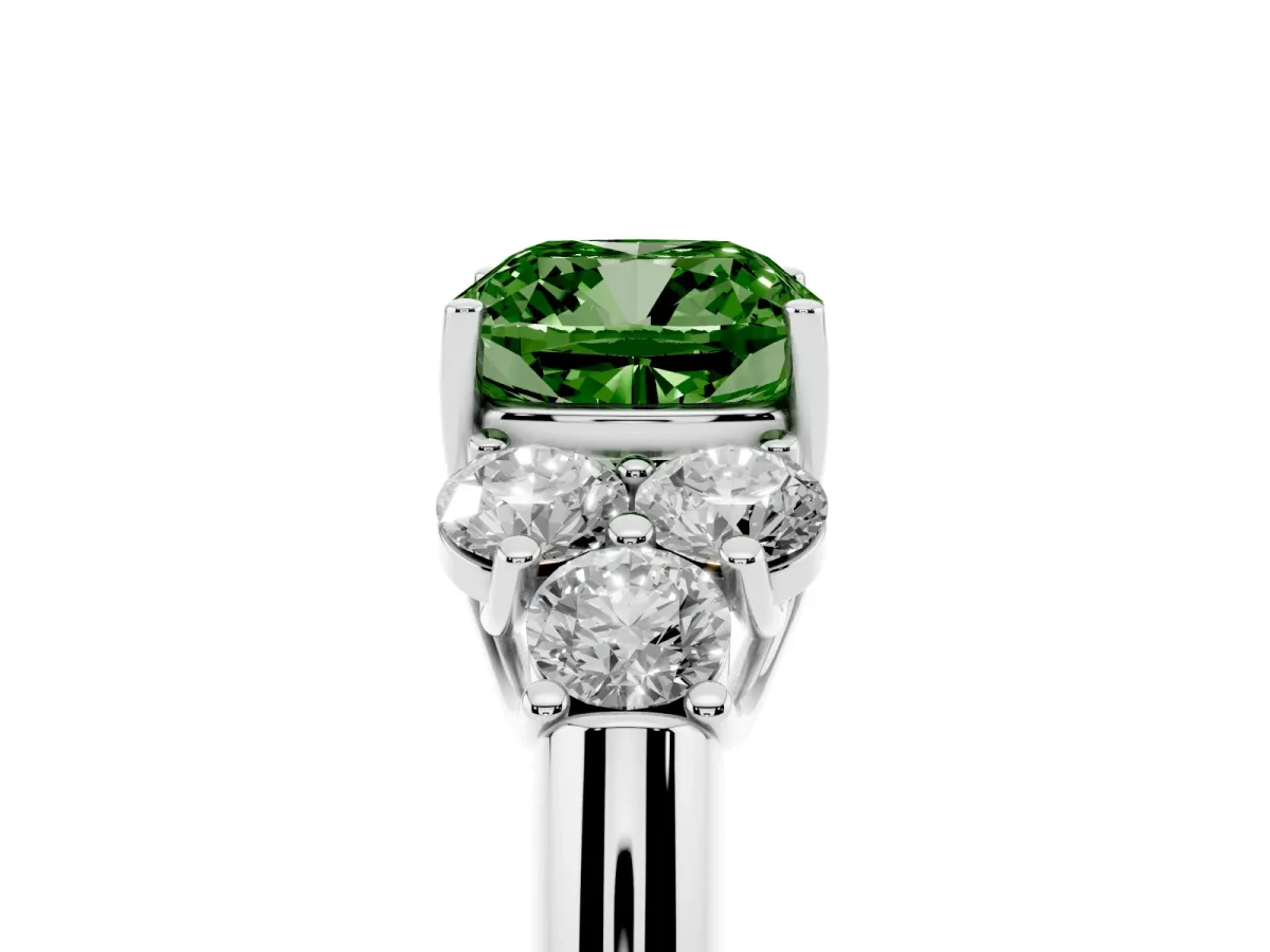 Fancy Green Cushion Cut Cut Diamond Cluster Ring with Round Accent Stones and Prong Setting on a Classic Band White gold